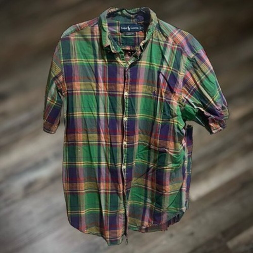 Ralph Lauren Men's Plaid Short Sleeve Button Up, Multicolor XL Shirt - Cotton